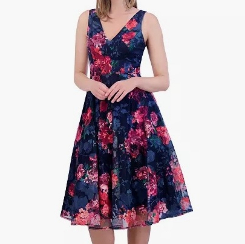 Eliza J Navy Floral Fit & Flare Sleeveless V-Neck Dress with Pockets Size 10 NWT
